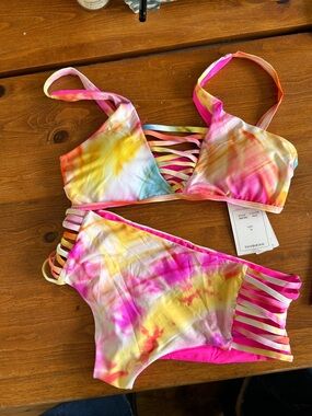 TiniBikini Tie-Dye Strappy Bikini Set - Pink, Yellow & Blue